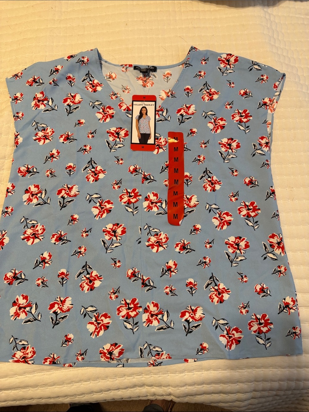 Hilary Radley Light Blue Floral Short Sleeve Blouse